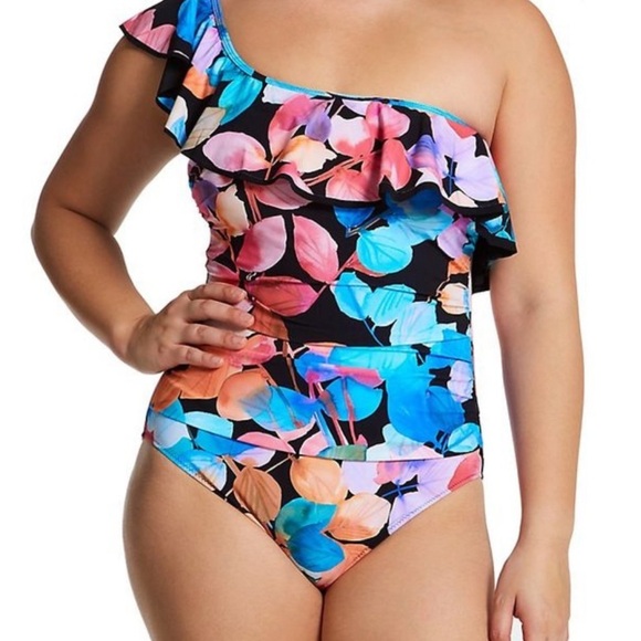 NWT PROFILE BY GOTTEX COLOR RUSH RUFFLE ONE SHOULDER ONE PIECE SWIMSUIT SZ 12 - Picture 7 of 7